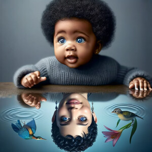 A curious cute african-American, baby with huge blue eyes and cu...