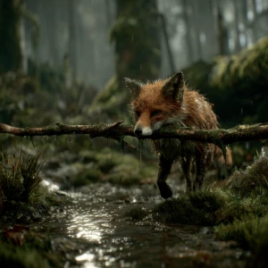 A cinematic wide shot of an enchanted forest after heavy rain. T...