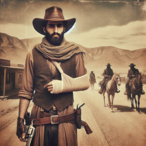 An old west cowboy standing in the middle of the road, in the m...