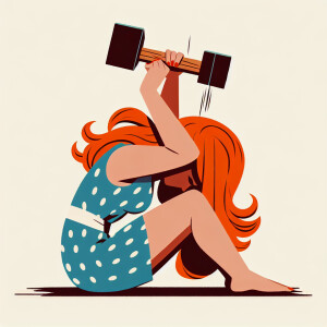 Ginger haired woman hitting herself on the head with a hammer. S...