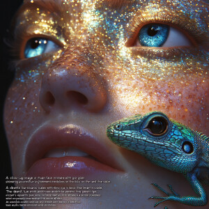 "A close-up image of a human face with golden, shimmering makeup...