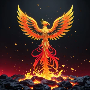 Center a radiant, futuristic phoenix rising from glowing embers....