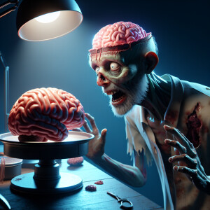 A zombie looking for his brain,  egxrated confused look on zombi...