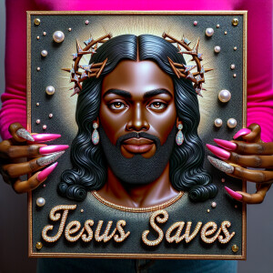 A 3D realistic artwork featuring the phrase 'Jesus Saves' adorne...