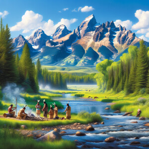 Visuals of a serene natural landscape with traditional Native Am...