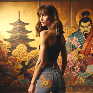 Athletic Thin skinny Attractive, Asian teenage girl, long brown hair and bangs, wearing tight skinny jeans and a halter top paint marks on her clothing, heroic pose Asian graffiti background, backside view