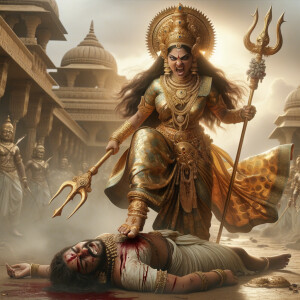 photograph of angry looking, indian goddess trampling a defeated...