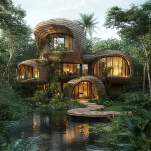 Design a bamboo house located in Ubud, Bali, reflecting a cozy a...