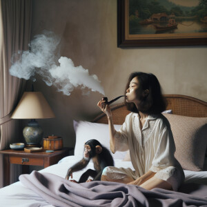 Woman in nightgown sitting on her bed smoking, with a chimp