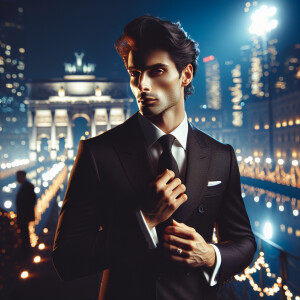 An  Italian male model with dark hair striking a pose in a styli...