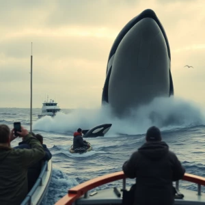 A realistic cinematic scene of a giant orca whale being seen fro...