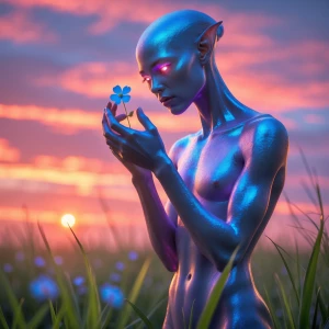 "Visualize an otherworldly being standing gracefully in a serene...