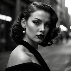 Create a hyper-realistic black and white portrait of a femme fat...