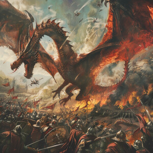 A majestic dragon soars above a chaotic battlefield, gracefully...