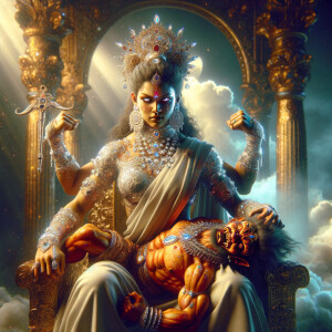 Imagine an hourglass form, an athletic build, enraged goddess Durga sitting atop a golden crown, and a wounded Mahishasur lying like a baby on top of her lap.  wearing a whitesaree, diamond  jewelry all over her body, a large gold crown on her head, and glaring into the camera. The lighting is incredibly realistic, cinematic, 8K, UHD, and the face is realistically depicted with photorealistic perfection. Photography