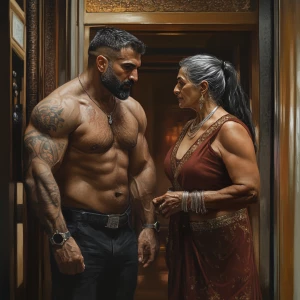 Hyperrealism .A sweaty beefy man entering with his 54 year old...