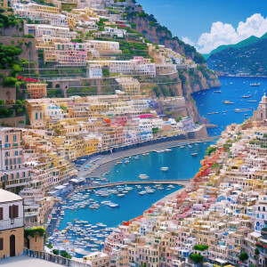 Create an image of a town in Amalfi, Italy. Bright blue sky and...
