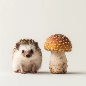 Little hedgehog next to medium mushroom, cozy vintage style, war...