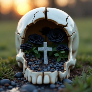 A close-up shot of a cracked ceramic skull , its sharp edges fra...
