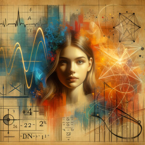 Abstract, minimalist, painting, with pencil line, paint stroke, gestures, colorful marks, mathematical equations, electrical cardiogram, printouts complex math formulas, dna asian teen girl