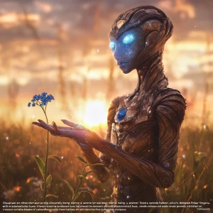 "Visualize an otherworldly being standing gracefully in a serene...