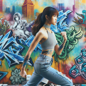 Very thin Athletic Thin skinny Attractive, Asian teenage girl, long brown hair and bangs, wearing tight skinny jeans and a halter top paint marks on her clothing, heroic sideways pose Asian graffiti background