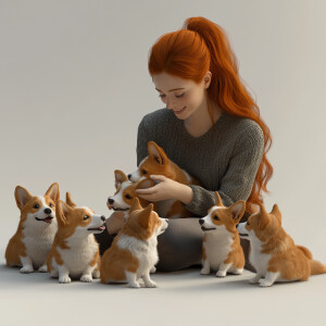 Create a realistic 4d image of a dark redhead playing with a gro...