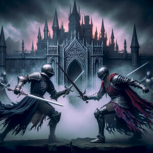 Black knight sword fighting a red and purple knight in front of undead castle