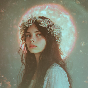 Cottagecore + a muse + head-on portrait + with a soft, glowing s...