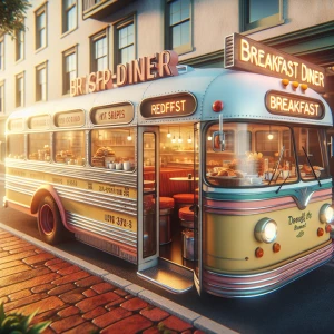 A breakfast diner bus from outside. Concept art