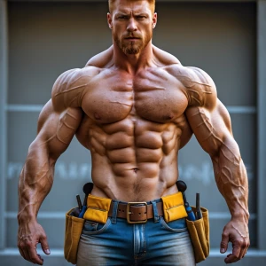 Create an image of a muscular, hairy-chested construction worker...