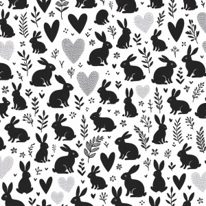 A seamless pattern of tiny bunnies, hearts and floral elements i...