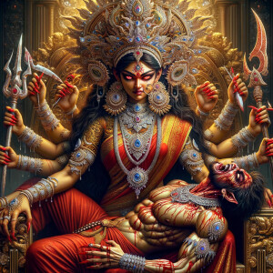 portrait of angry looking goddess durga, sitting on a gold crown...