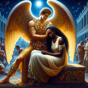 Create an oil painting image featuring a male angel and a grievi...