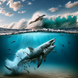 Half-submerged split-view of a great white shark pursuing a seal...