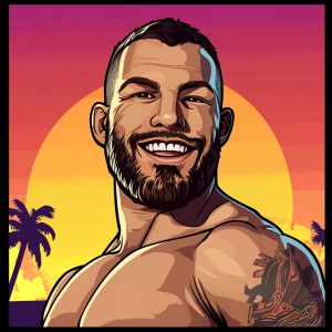 White muscular thin man with beard, big chin, smile and cheekbon...