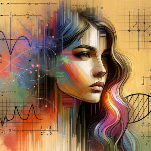 Abstract, minimalist, painting, with pencil line, paint stroke, gestures, colorful marks, mathematical equations, electrical cardiogram, printouts complex math formulas, dna asian teen girl