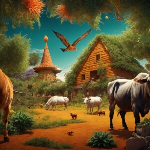 Create a 3D-rendered, cartoon-style cannabis ranch in ultra-high...