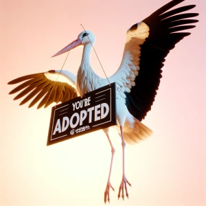 A stork holding a sign that reads  "YOU'RE ADOPTED "UHD, cinemat...