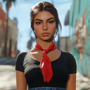 Lucia from GTA, girl with brown hair, big eyebrows, pumped up li...