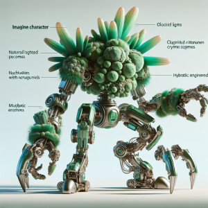 Nuggetron. A giant weed nugget with robotic arms and legs.
