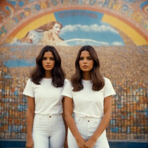 A color film photograph from 1973 of two beautiful 23-year-old b...