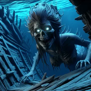 An evil mermaid with sharp teeth, malevolent glowing eyes, and d...