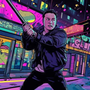 Elon Musk in GTA art style - mid-swing with a large metal bat, c...