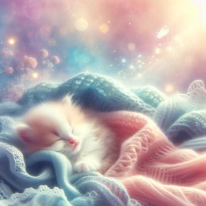 A fluffy kitten curled up on a bed of pastel-colored blankets, surrounded by soft, glowing light.