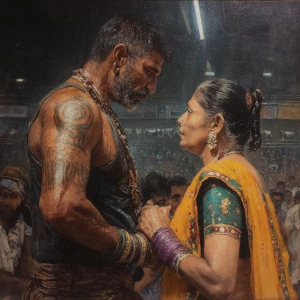 Hyperrealism oil painting,16:9.big guajarat stadium with people...