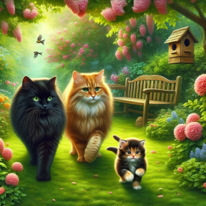 Two fluffy cats with kitten walks in garden