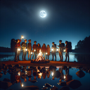 A group of young researchers with lanterns are standing near the...