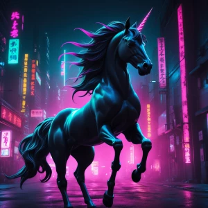 A strikingly sleek noir- inspired neon-noir unicorn, its U silho...