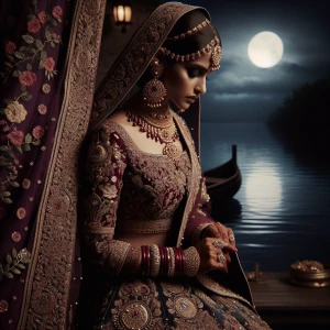 Create an image of an Indian bride adorned in a richly embroider...
